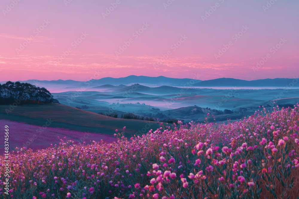 Obraz premium Pink and Blue Sunrise over Rolling Hills and Flower Field