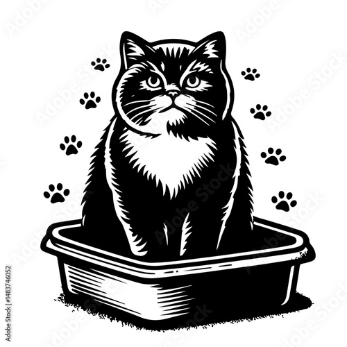Vector illustration of a cat walking toward its litter box in clean line art style. Simple monochrome design showing feline movement and daily routine. Minimalist, hand-drawn black outline,