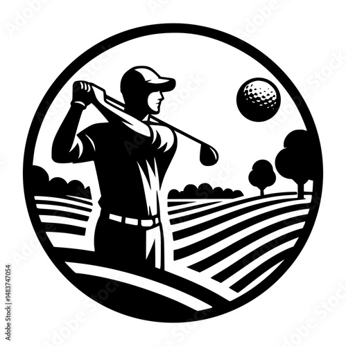 Golf Player Mountain Course Club Man Logo Sign Graphic Silhouette Shape Clipart Digital Art