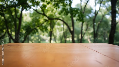 Wooden Table Surface With Blurred Green Forest Trees Background Scene