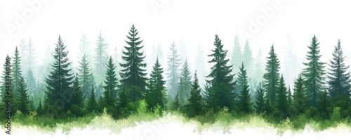 Forest blackforest  illustration banner landscape panorama - Green silhouette of spruce and fir trees, isolated on white background