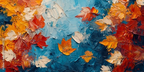 Closeup of abstract rough colorful organic autumnal fallen leaves art painting texture, with oil acrylic brushstroke, pallet knife paint on canvas