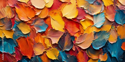 Closeup of abstract rough colorful organic autumnal fallen leaves art painting texture, with oil acrylic brushstroke, pallet knife paint on canvas