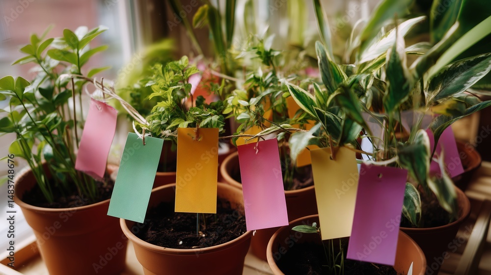 Colorful labels adorn potted plants in a bright indoor garden during daylight hours