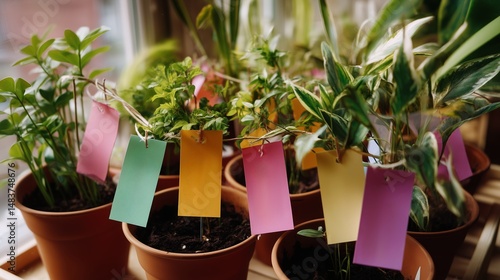 Obraz na płótnie Colorful labels adorn potted plants in a bright indoor garden during daylight hours w salonie