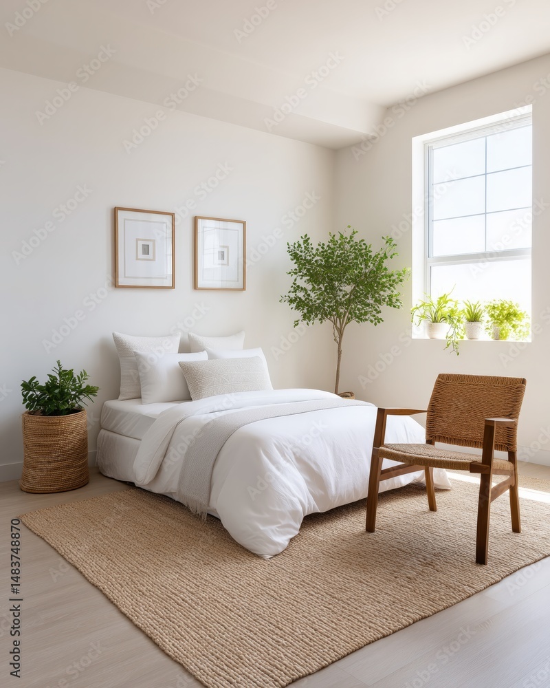 Fototapeta premium Cozy minimalist bedroom design modern home interior photography bright natural light aesthetic comfort