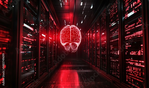 Evil red AI brain in data center. Danger of strong artificial intelligence, threat to humanity, future risk of bad scenario, creating dangerous ASI, scary