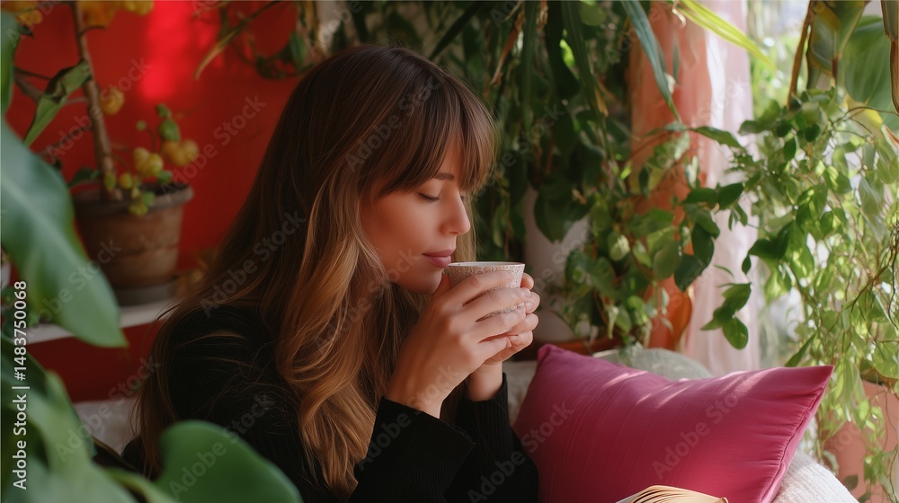Enjoying a warm cup of tea in a cozy green space during a peaceful afternoon
