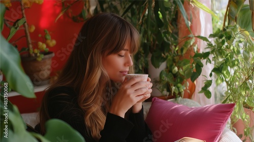 Obraz na płótnie Enjoying a warm cup of tea in a cozy green space during a peaceful afternoon w salonie