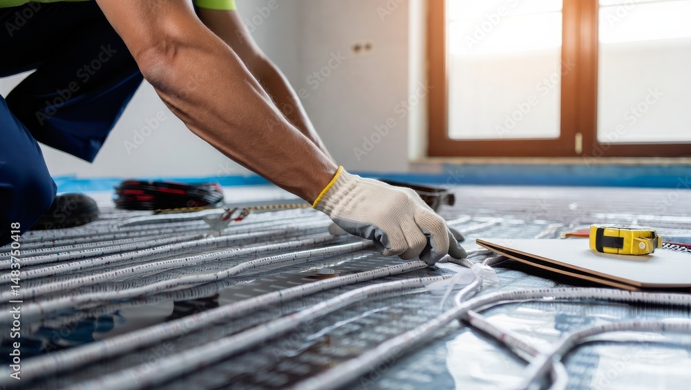 Fototapeta premium Professional Installation of Underfloor Heating System in Modern Home – Precision and Comfort in High-Detail