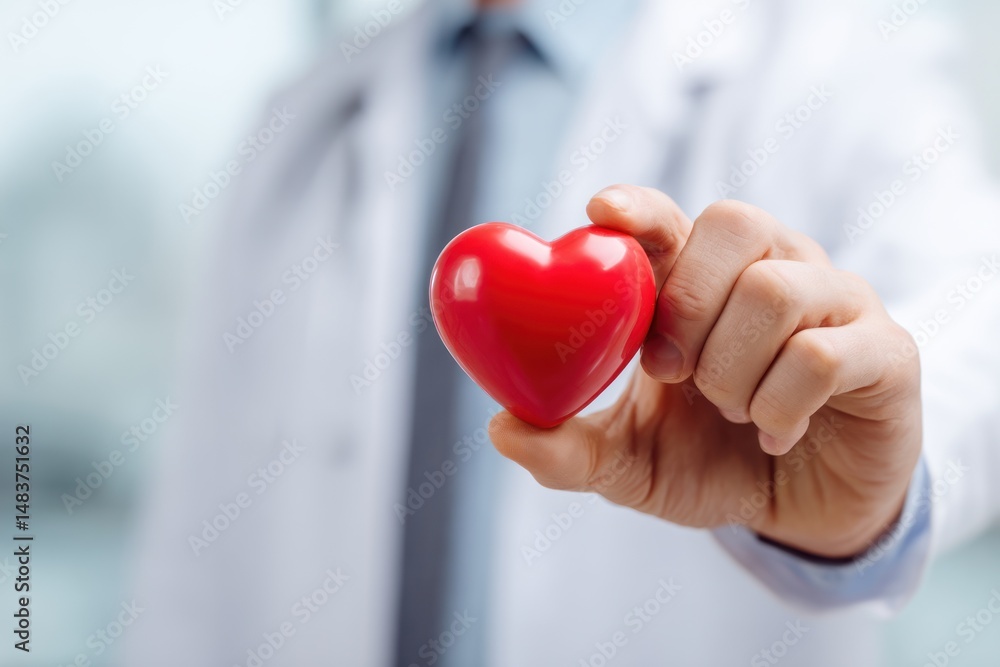 Doctor holds a red heart in hand wearing a white coat. Doctor holds a red heart in hand wearing a white coat.