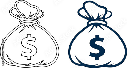 Money bag icon with dollar sign – black outline style vector for finance, savings, wealth, banking, investment, and budget-related projects.