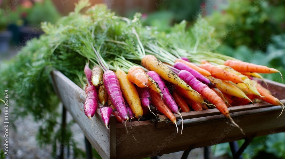 Colorful carrots harvested from a vegetable garden during the afternoon in early summer