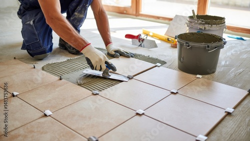 Skilled Worker Installing Ceramic Floor Tiles in Bright Modern Interior – Precision Tiling Process with Tools and Natural Light