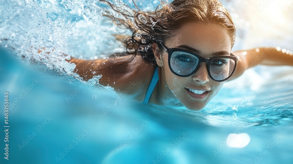 Naklejka premium Woman swimming underwater with a smile