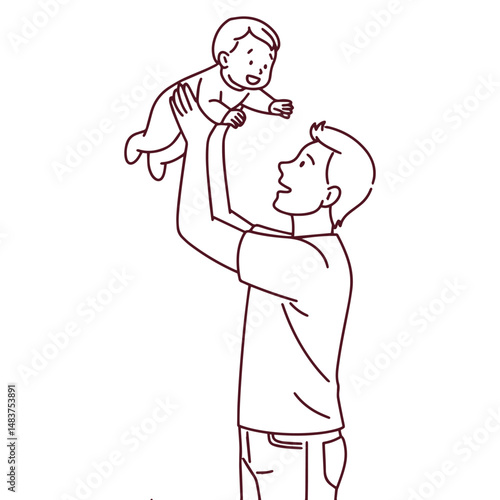 Black and white line art of joyful father lifting baby son in the air, enjoying playful bonding moment full of trust, love and happiness