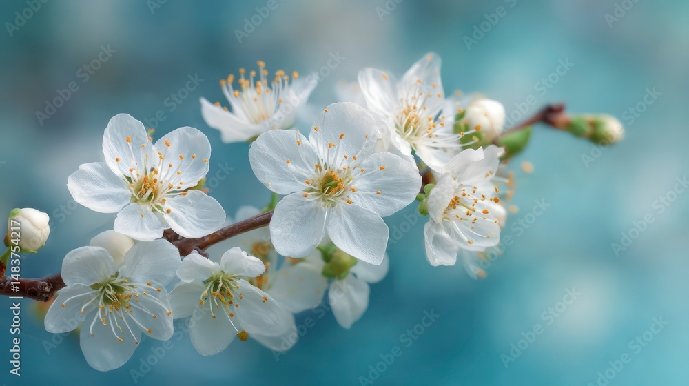 Obraz premium Macro Shot of Cherry Blossom Flowers in Full Bloom on a Soft Blue Spring Background