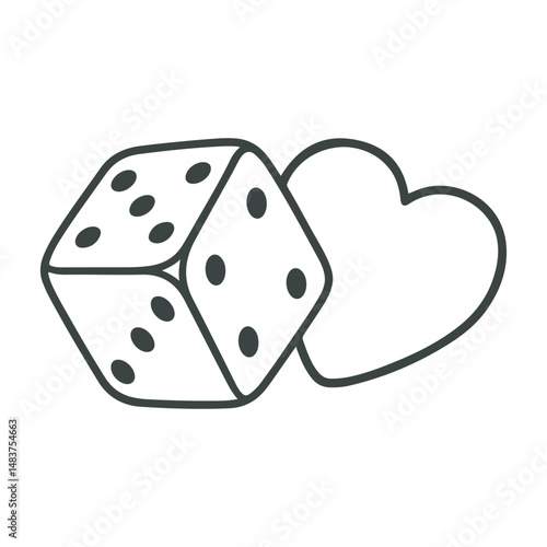 Outline drawing of a single die with black spots next to a simple heart shape on a white background