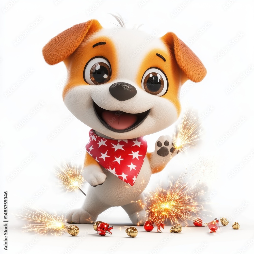 Playful Cartoon Puppy with Sparklers and Festive Ornaments Playful Cartoon Puppy with Sparklers and Festive Ornaments