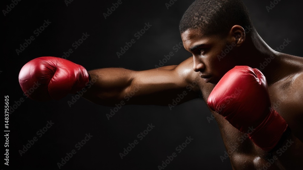 Boxer with red gloves punching against a dark background. Boxer with red gloves punching against a dark background.