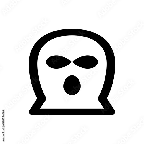 Illustration of a person wearing a black balaclava mask with eye and mouth openings on a white background