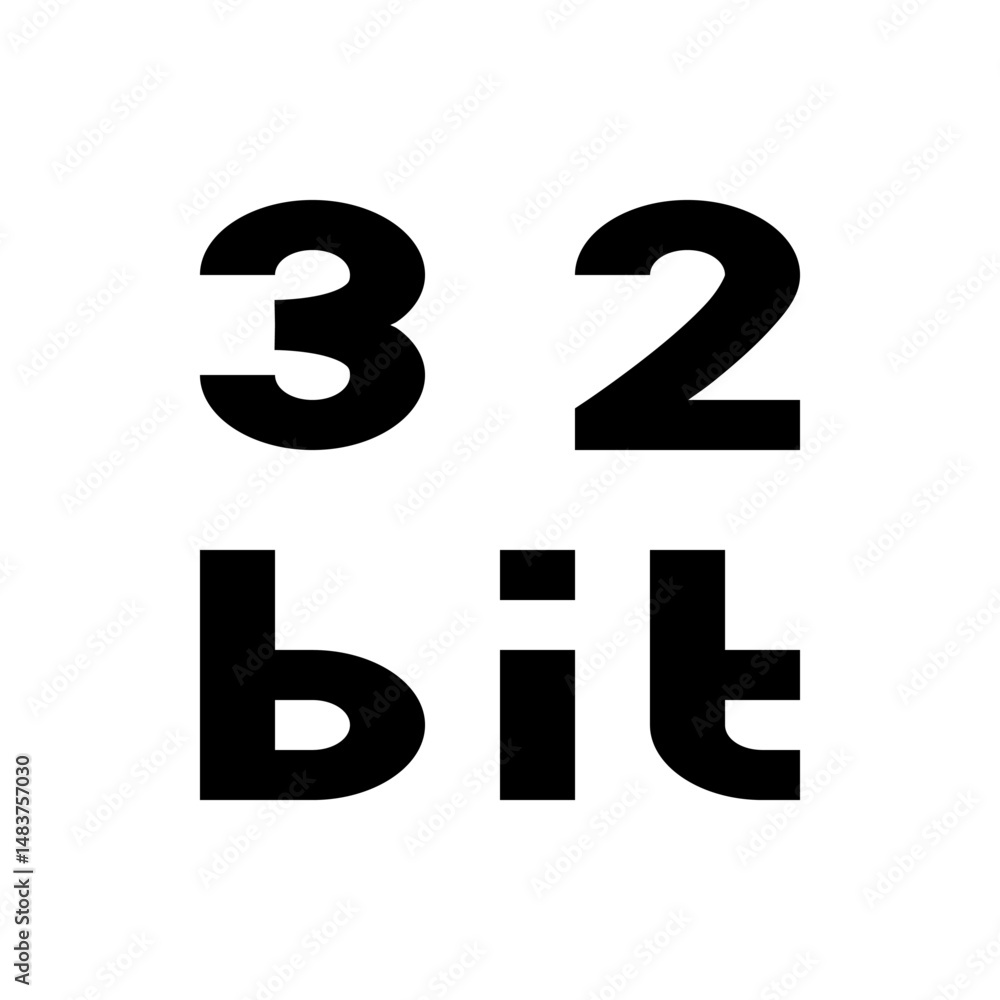 Illustration of the text thirty two bit in a bold sans serif font on a white background indicating bit depth Illustration of the text thirty two bit in a bold sans serif font on a white background indicating bit depth