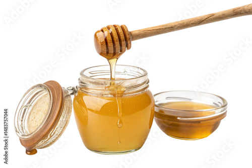 Jar with honey and honey dipper with drop of honey. Isolated on a transparent background - generated by ai