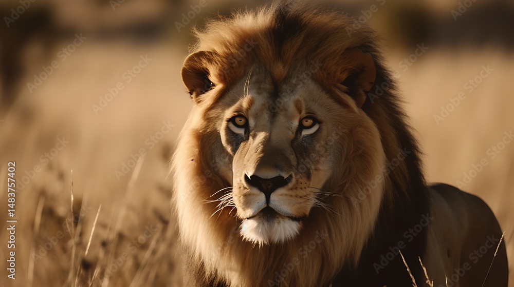 Obraz premium Majestic Lion in Grassy African Landscape.