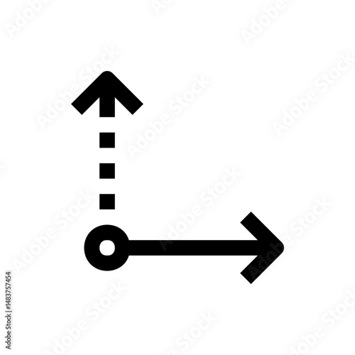 Black arrow extending upwards with dashed line and rightward arrow from a circle on a white background