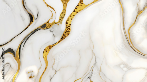 This image showcases a luxurious abstract marble texture with a creamy white and light beige base, elegantly interwoven with fluid golden veins.