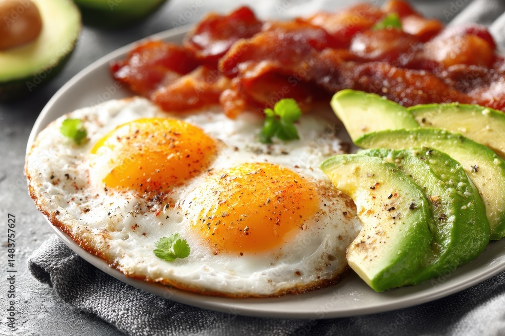 Delicious breakfast plate with fried eggs, crispy bacon strips and fresh avocado slices, sprinkled with black pepper and garnished with parsley leaves on gray background. Delicious breakfast plate with fried eggs, crispy bacon strips and fresh avocado slices, sprinkled with black pepper and garnished with parsley leaves on gray background.