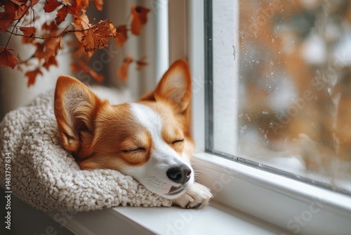 Dreaming dog sleeps on cozy warm windowsill in autumn weather, hygge concept
