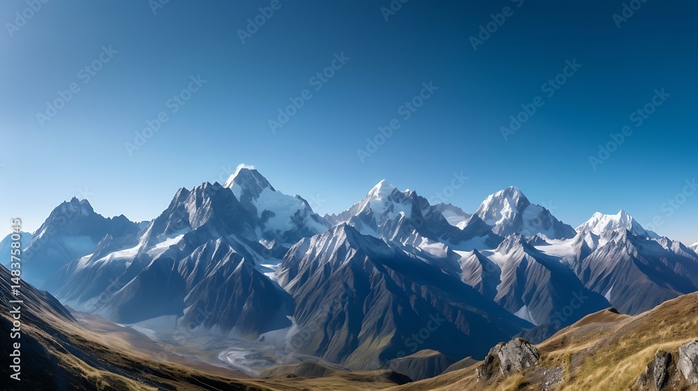 Fototapeta premium Majestic mountain range under clear blue sky.