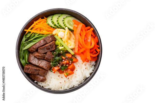 korean bibimbap bowl with galbi beef and pickled vegetables shot from top view. Isolated on a transparent background - generated by ai