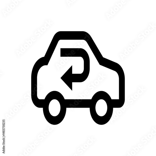 Illustration of a car with a u turn arrow indicating a return or reversal of direction on the road way