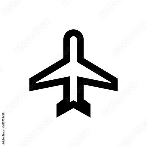 Black and white airplane icon with bold outlines and a simple design on a white background image view
