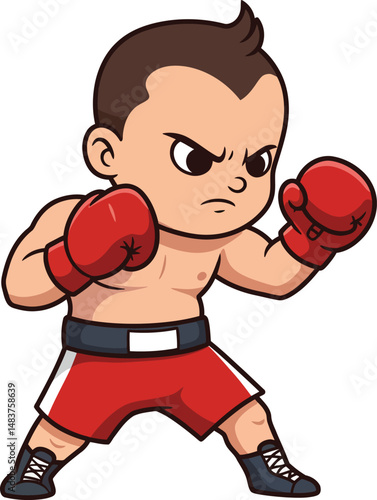 Young boy cartoon character boxer wearing red gloves and boxing shorts in fighting stance vector illustration 