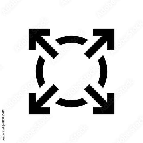 Four arrows pointing outwards from a central circle indicating expansion or full screen mode display icon
