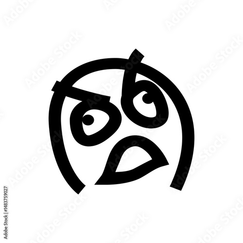 Stylized black and white drawing of an angry face with furrowed brows and wide eyes expressing frustration