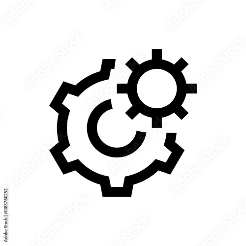 Illustration of two interlocking gears in black and white representing mechanical processes and engineering