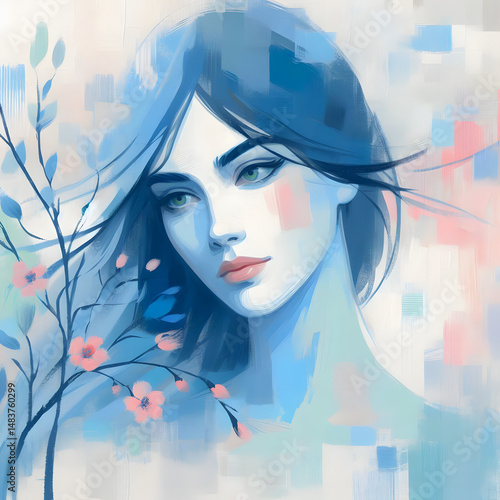 Woman with floral decoration in impressionistic style. Artistic portrait painting in soft blue tones, perfect for spring or summer concept	
