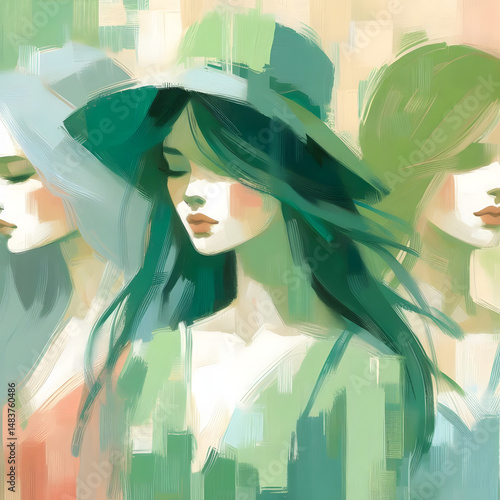Woman wearing green summer hat, portrait, digital oil painting style. Female fashion, beauty headshot, spring inspiration.