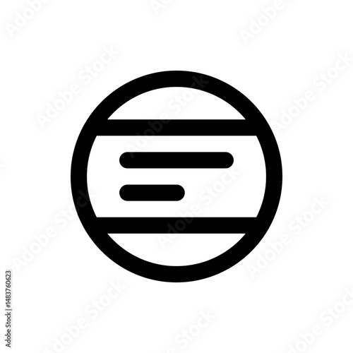Black circle containing horizontal lines of varying lengths representing text or data inside the shape