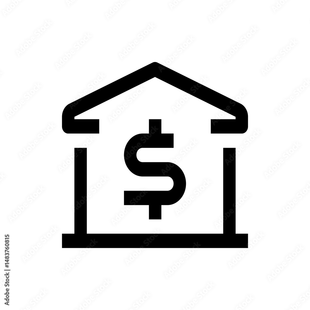 Illustration of a bank building with a dollar sign in the center in black and white minimalist style design Illustration of a bank building with a dollar sign in the center in black and white minimalist style design