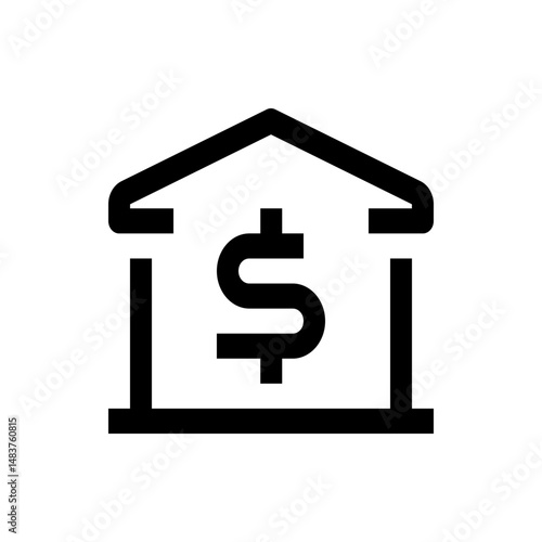 Illustration of a bank building with a dollar sign in the center in black and white minimalist style design