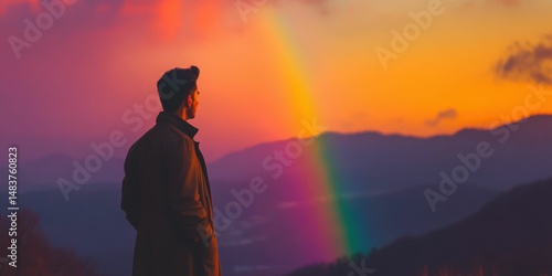 A middle-aged Asian man in a trench coat standing on a hill, rainbow over rolling hills, calm and contemplative mood