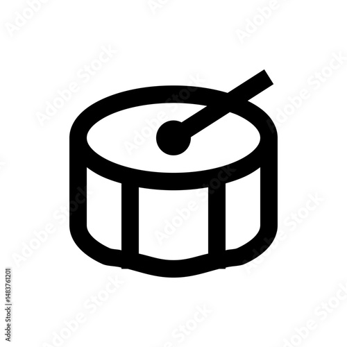 Illustration of a drum with a drumstick resting on it in black and white simple vector graphics