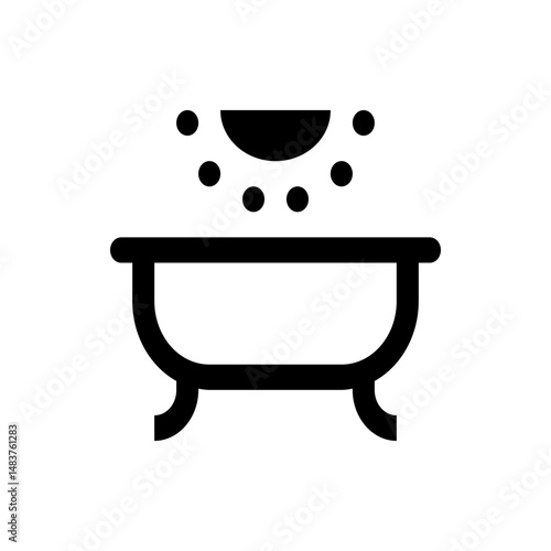 Illustration of a black bathtub with a half circle and dots above it suggesting shower or bath time scene