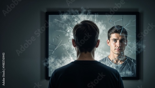 Man looking at his reflection in cracked mirror, symbolizing inner conflict, stigma and emotional pain after HIV diagnosis, mental health awareness concept
