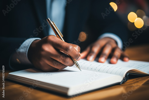 Fototapeta Naklejka Na Ścianę i Meble -  Close up of a hand engaged in writing on important papers signifying documentation legal processes or the formalization of business agreements
